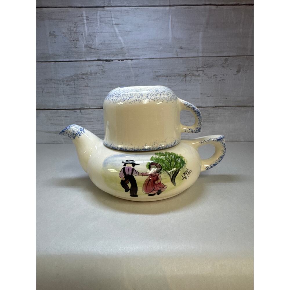 VTG Jeanne Koch Amish Ceramic Pottery Teapot Hand Painted 1996 Folk Art
